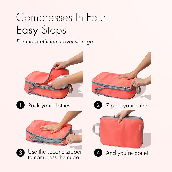 (Not Made In China) Compression Packing Cubes For Travel, Suitcase and Luggage Space Saver Organizer Bags, Lightweight, Waterproof Nylon, Durable, 4pc Set, Coral - Image 3