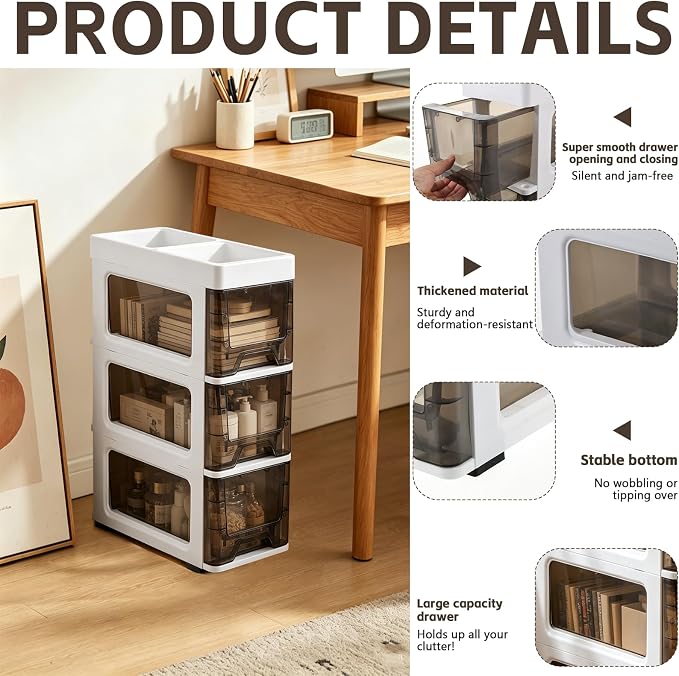 3 Drawer Storage Organizer, Narrow Slim Plastic Storage Drawer Cart with 4 Wheels, 3 Tier Space Saving Storage Tower Box, Narrow Storage Cart for Small Space Bedroom Bathroom Kitchen Pantry Office - Image 4