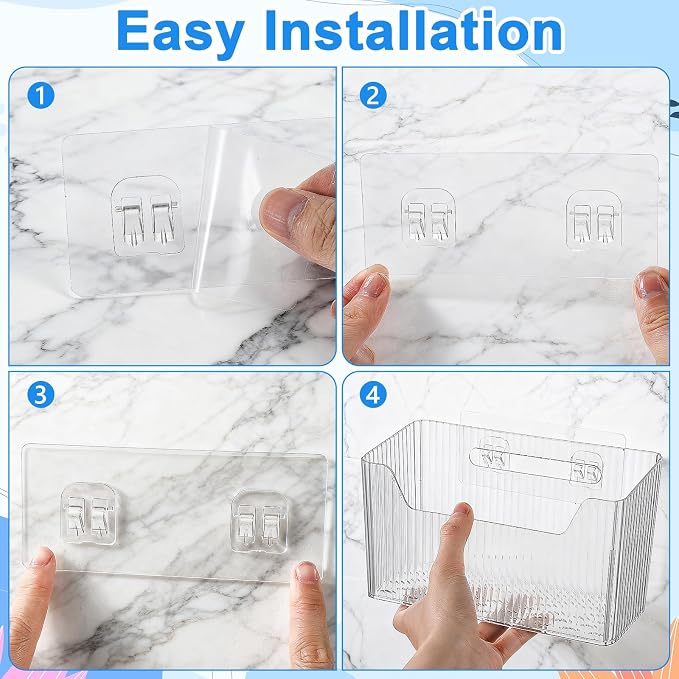 6 Pack Clear PVC Storage Organizer Bins, Wall Mounted Adhesive Baskets for Cabinet Door, Kitchen, Bathroom & Pantry Organization - Image 4