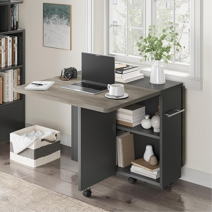 IDEALHOUSE FoldingTable, Drop Leaf Dining Table with 6 Wheels and 2-Layer Storage Shelf, Space Saving Table for Small Spaces (Slate Oak, 47.2" D x 23.6" W x 29.5" H) - Image 3