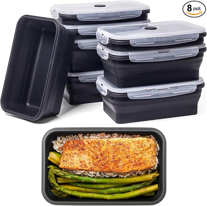 Collapsible Food Storage Containers with Lids, 8 Pack, 40 oz Silicone 1-Compartment Meal Prep Containers Reusable, Lunch Bento Boxes for Adults, Microwave Freezer Dishwasher Safe, BPA-Free, Black by Annaklin