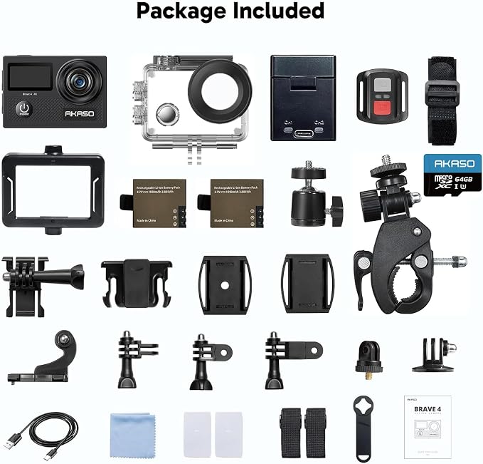 AKASO Brave 4 Action Camera 4K 30fps with 64GB MicroSD Card Bundle | 20MP EIS WiFi 170° FOV 5X Zoom Waterproof Underwater Camera for Snorkel, Travel, Bicycle, Helmet, Motorcycle Accessories Kit - Image 9