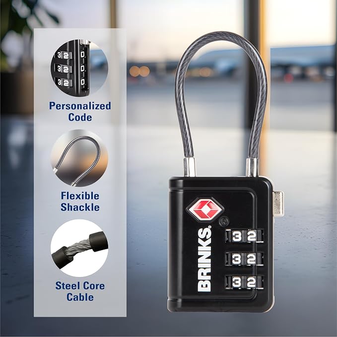 Brinks TSA Accepted Indicator Luggage Lock, Black - Resettable 3-Dial Combination, 1.5 inch Long Cable Shackle, New More Secure TSA008 Key, 4 Pack - Image 4