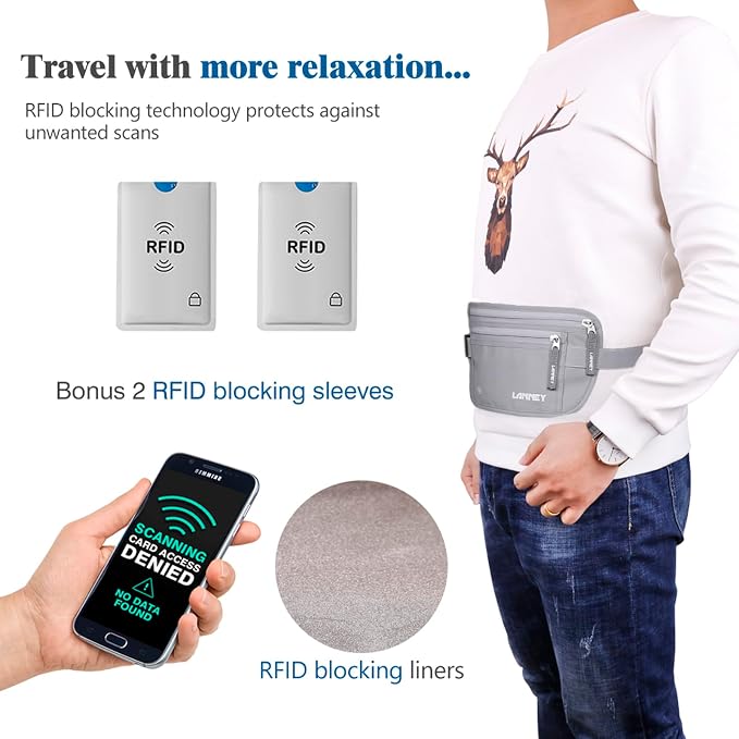 Money Belt for Travel, Slim RFID Blocking Women and Men Hidden Travel Pouch Under Clothes, Passport Holder Protect Cash, Documents, Credit Card, Bonus 2 RFID Sleeves - Image 5