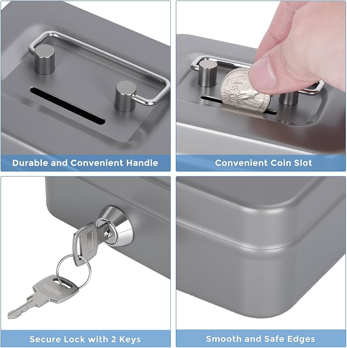 Cash Box with Lock Small Cute Coin Lock Box with Money Slot Mini Portable Gamble Safe Box 4.5"x3.4"x2.4" Grey - Image 4