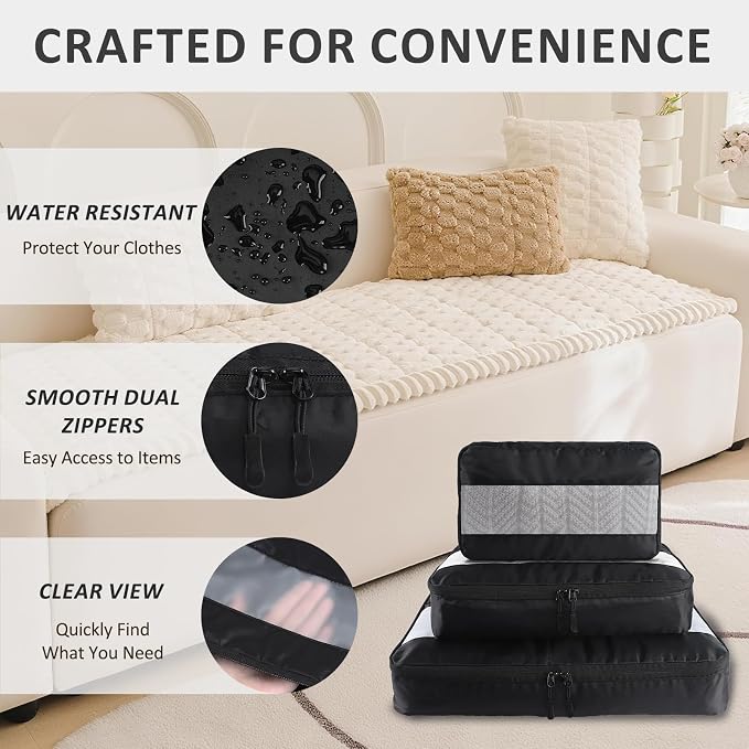 U+U 5 Set Packing Cubes, Travel Organizers with Shoe Bag (Black) | Ultralight Design & Easy Travel Organization - Image 2