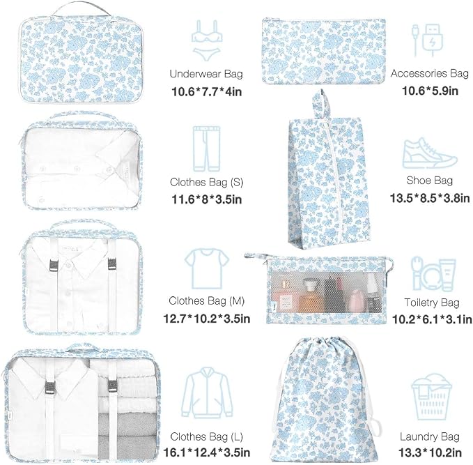 8 Set Packing Cubes for Suitcases,Packing Cube with Shoe, Cosmetics, Clothing, and Accessories Bags Packing Cubes for Travel Luggage Organizer Women Men(Blue Flowers) - Image 2