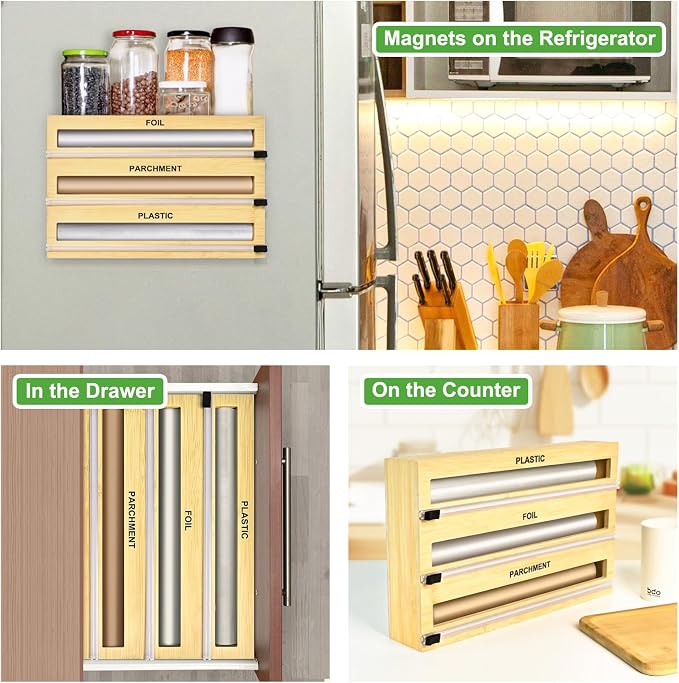 MSJGA Magnetic Plastic Wrap Dispenser with Cutter for Drawer&Refrigerator | 3 in 1 Fridge Bamboo Organizer for Tin Foil, Baking Paper, Wax Paper Holder Kitchen Storage Box Compatible,13" x 8.2" x 2.7" - Image 7