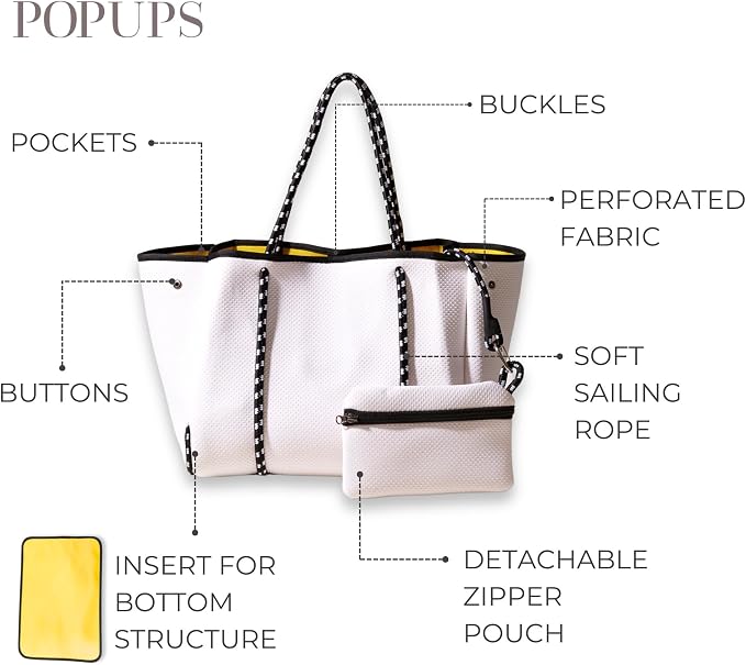 POPUPS Large Neoprene Tote Bag for Women - Everyday Designer Handbag for Travel Work and Beach with Pockets and Zipper Pouch - Image 7