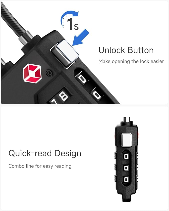 LUGGEX 8 Pack TSA Locks for Luggage, Luggage Locks TSA Approved | Suitcase Locks in Gift Box, Ultra-Light 33g Combination Cable Locks, Easy-Read Dials for Suitcase Backpack Gym, Black - Image 7