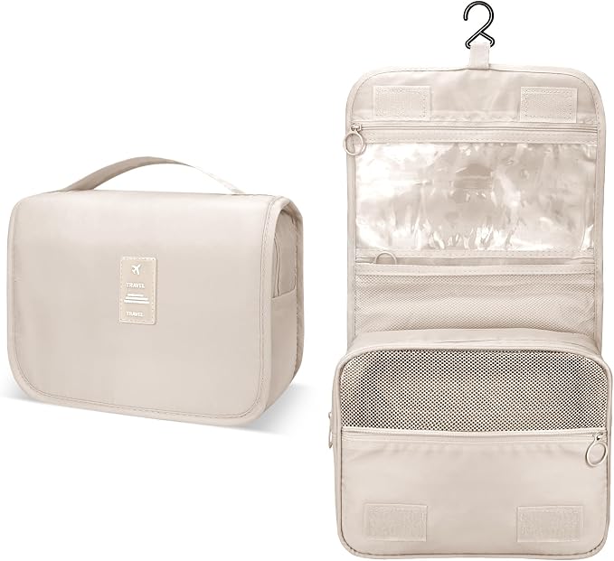 Lcsmaokin Large Capacity Toiletry Bag Travel Bag with Hanging Hook for Men and Women Waterproof Travel Cosmetic Bag Bathroom Storage Bag for Brushes Set, Full-Sized Shampoo,Accessories(Beige) - Image 2