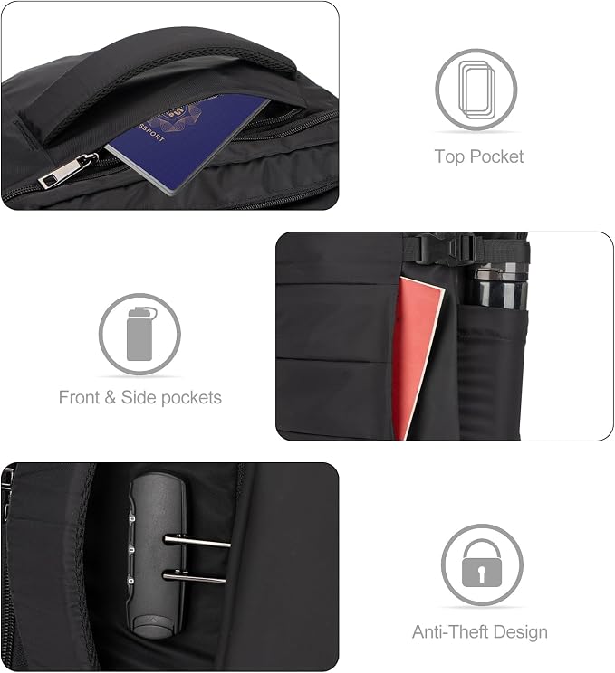 Tzowla 40L Expandable Travel Laptop Backpack for Men Women Carry on Flight Approved,Large Capacity Anti Theft Backpacks with Giant Tumbler Holder Pocket,Personal Item Bag Fit 17.3" Computer（Black - Image 4