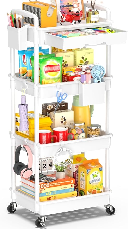 SUNALLY 4 Tier Rolling Cart with Drawer, Craft Storage Cart Organizer,White | Bathroom Storage Organizer with 2 Lockable Wheels, Rolling Utility Cart for Kitchen, Office, Baby, Makeup, Nail,Snack,Laundry by SUNALLY
