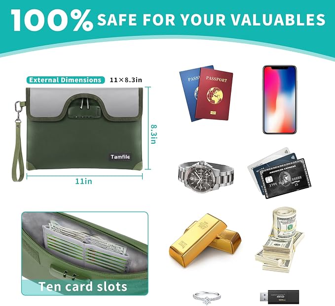 5200°F Fireproof Money Bag with Lock, Water Fireproof Document Bag with Zipper, 8 Layers Fire Insulation, Small Fireproof Safe Storage Pouch with Lock for Cash, Passport, (8.3" x 11", Green) - Image 3
