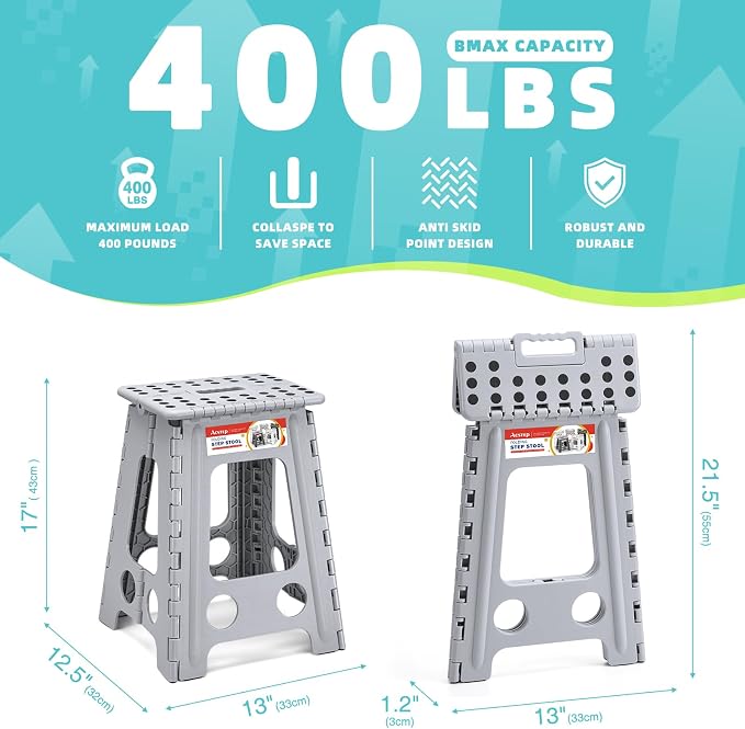 17.5 Inch Heavy Duty Folding Step Stool for Adults, 400 lbs, Grey | Collapsible Stepping Stool for Adults with Handle and Non-Slip Surface, for Kitchen, Garage, Bedroom and Outdoor Tasks - Image 5