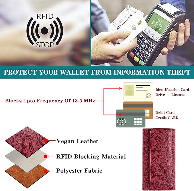 GOIACII Leather Wallets for Women RFID Blocking Western Clutch Red | Embossed Design, Trifold, Large Billfolds, Vintage Flower, Ladies Purses with Zipper Coin Pocket - Image 4