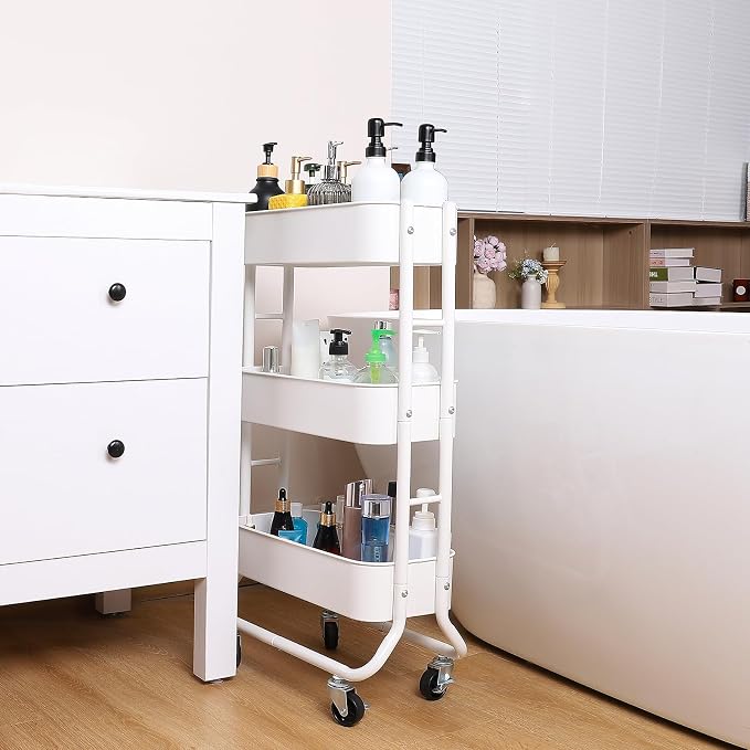 MAX Houser Slim 3-Tier Rolling Utility Cart with Extra Hook, White | Narrow Metal Bathroom Storage Multifunctional Organizer Carts with Wheels with Extra Hook, Laundry Room,Kitchen,Small Space - Image 3