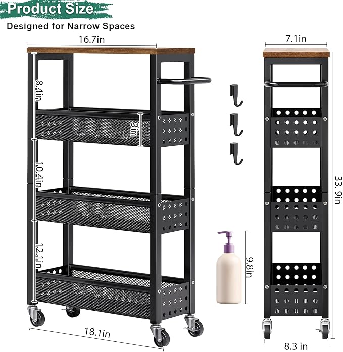 4 Tier Slim Rolling Cart with Wheels for Between Washer and Dryer Storage | Black Metal Rolling Spice Rack Next to Fridge, Narrow Kitchen Cabinet for Small Spaces, Laundry Room Organizer Carts - Image 2