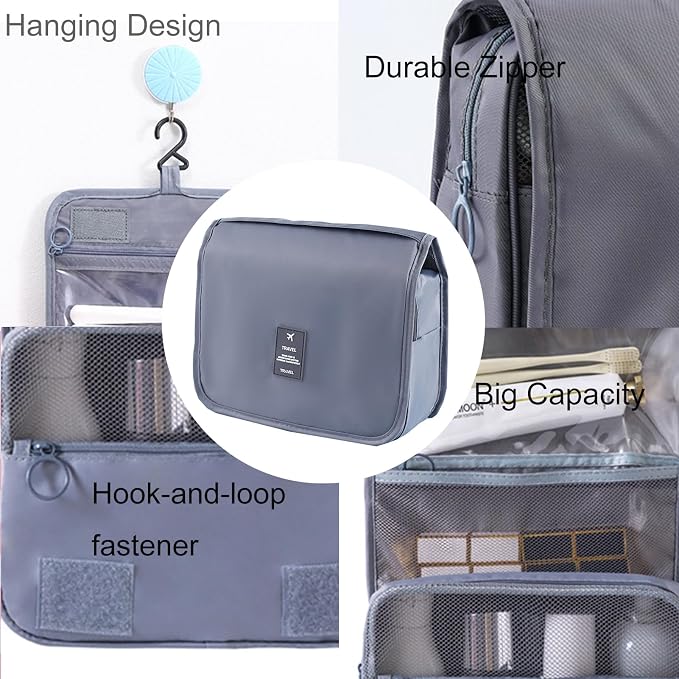 Travel Toiletry Bag for Women, Hanging Toiletry Bag with Multi-Pockets, Toiletry Bag for Traveling Easy Clean, Travel Organizer Bag Gray - Image 4