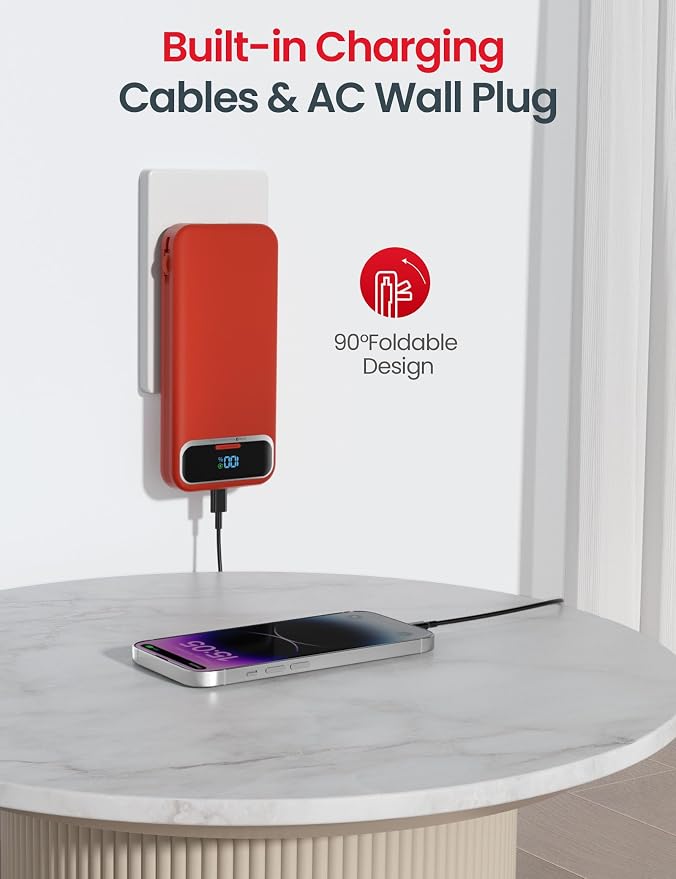 aonidi Portable Charger 12000mAh with Built-in Cables&AC Wall Plug, Red | PD20W USB C Fast Charging,LED Display External Travel Power Bank,TSA approved Battery Pack for All iPhone,Samsung,Android - Image 4