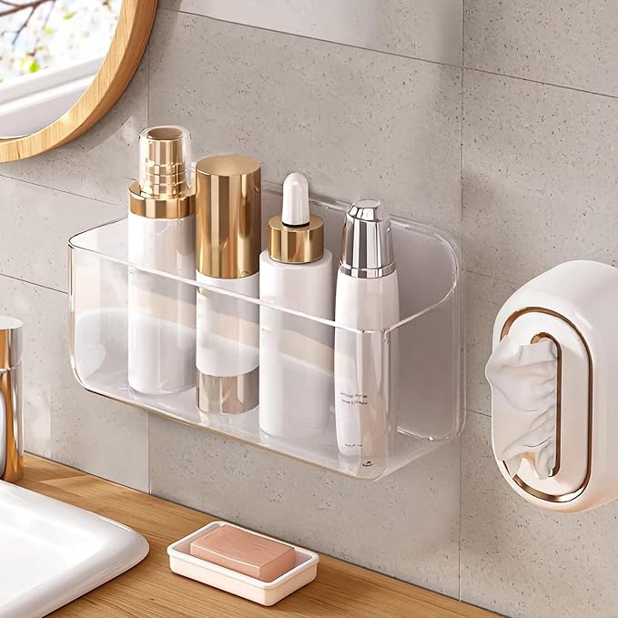 Wall Mount Organizer, Large Adhesive Wall Self - Bathroom Shelf | Adhesive Bathroom Shelves with Self Adhesive Tape Clear Shelf for Bathroom, Kitchen - Large Size - 5.1"D x 10.9"W x 6"H by Home
