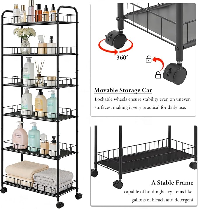 10in 6-Tier Slim Storage Cart with Wheels, Metal 10in Wide Black Narrow Rolling Shelf, Sturdy Slim Storage with Hooks Ideal for Kitchen, Bathroom, and Laundry Room - Image 7