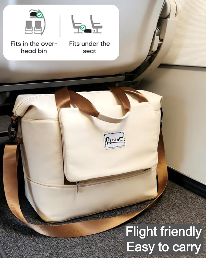 Foldable Travel Duffel Bag for Women, Beige | 40L Expandable Water-Resistant Carry on Bag, Personal Item Travel Bag Flight Approved with Wet Pocket for Gym Travel, Nylon - Image 4