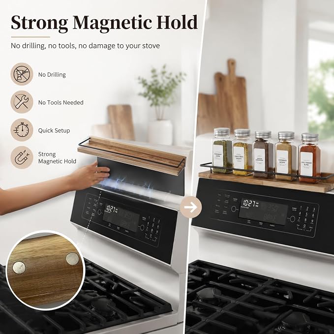 2-Piece 30" Magnetic Acacia Wood Stove Top Shelf for Gas/Electric | Strong magnetic hold, heat-resistant acacia, no-drill setup, fits gas/electric, easy-clean, holds heavy jars securely - Image 5