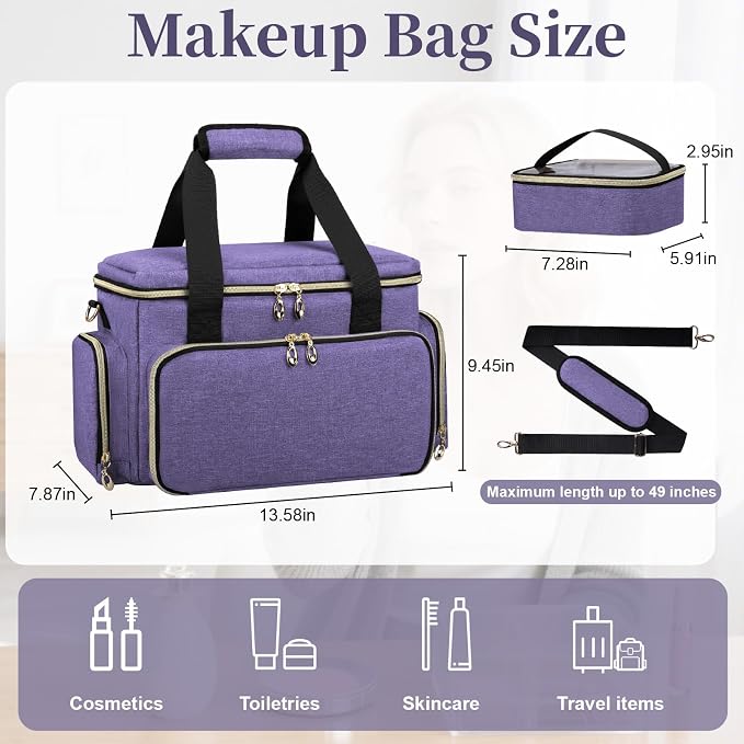 GDNasist Large Makeup Bag, Portable Travel Makeup Bag Organizer | Cosmetic Travel Bag for Women Girls with 2 Removable Pouches & Detachable Dividers, Toiletry Bag for Makeup and Hair Supplies - Image 3