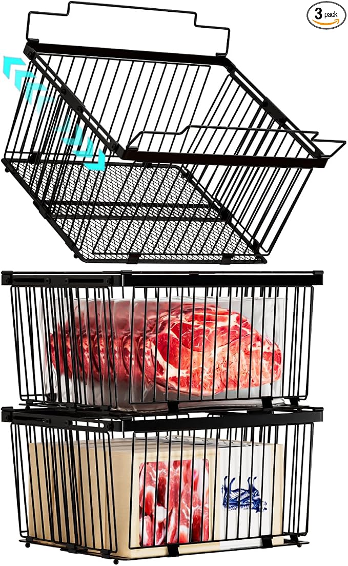 Large Freezer Organizer Bins for 5 to 9 Cu.Ft,Leak-Proof Bottom，3 Pack | ANJUBANFreezer Organizer Bins, Stackable,expandable,foldable,With handle Wire Storage Container Baskets for Sort Frozen Meats by ANJUBAN