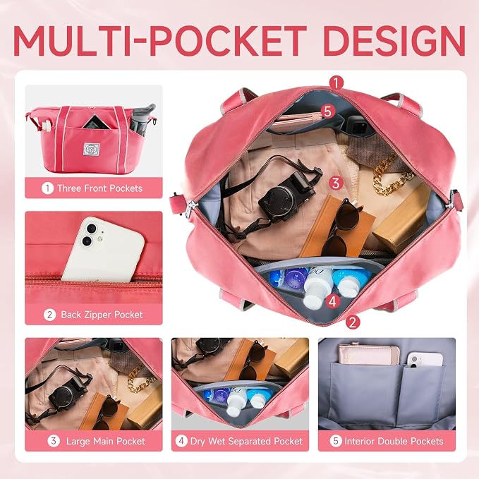 WALNEW Foldable Travel Duffel Bag, Weekender Bag for Women, Coral | Overnight Carry On Bag, Waterproof Gym Luggage with Metal Buckle Detachable Shoulder Strap and Wet Compartment - Image 6