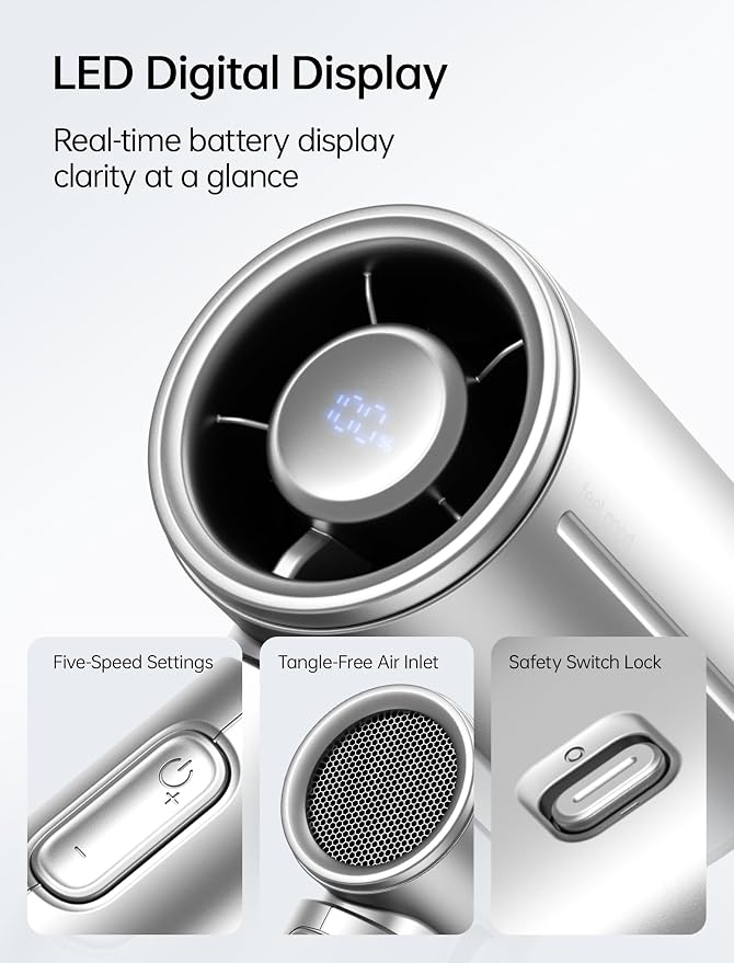 JISULIFE Handheld Fan Life9S - Sleek Chrome: Turbo Power, 22 Hours Cooling | LED Display, 5000mAh, 5-Speeds, Mini Portable Fan for Travel, Cruise, Concerts, Trendy Gifts for Women Men -Silver - Image 5