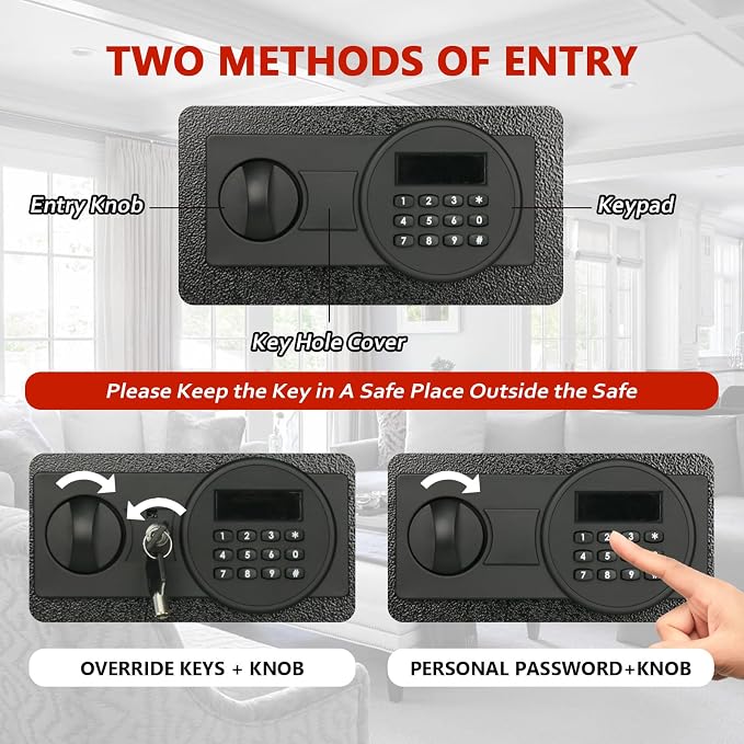 Voncabay Money Safe Box for Home with Digital Keypad, 2.2 Cu. Ft., Black | Alloy Steel, 2 Fireproof Bags, Digital Keypad with Display, Removable Shelf, Fits A4, 13.1 x 19.7 x 13.8 In. - Image 6