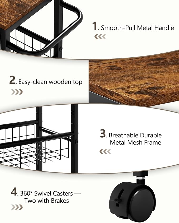 Rolling Utility Cart, 4-Tier Slim Narrow Storage Cart with Wheels for Kitchen, Laundry Room Organization, Metal Bathroom Organizer with Wood Top, Brown, 17.3" x 7.9" x 32.6" - Image 6