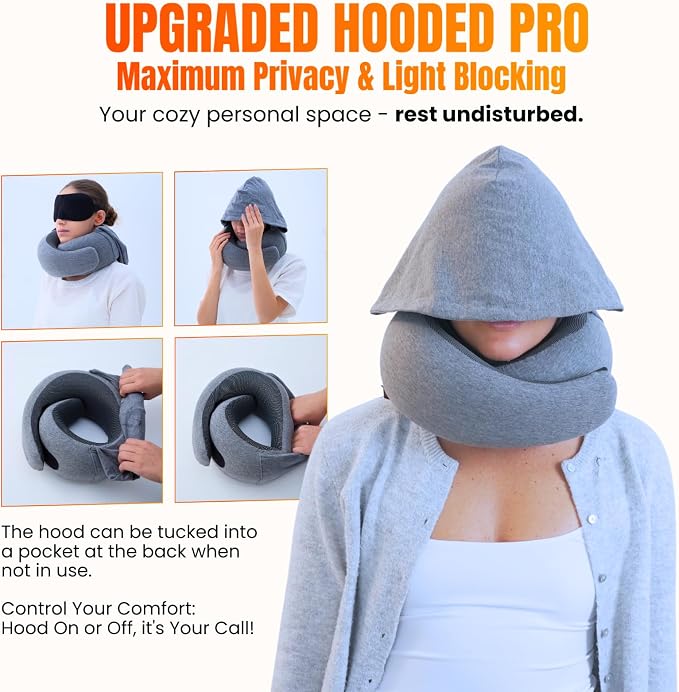 LOEXAIR™ Hooded Pro Travel Pillow - Memory Foam Neck Support Pillow for Airplane, Flight - Super-Soft Pure Cotton Fabric, Maximum Privacy & Light-Block Design, Lightweight Full Travel Kit - Light Grey - Image 2