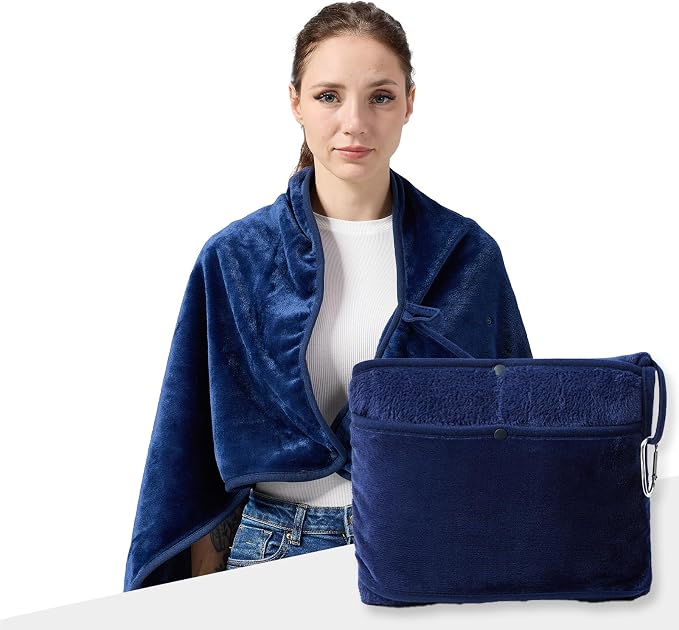 Packable Travel Throw Blanket, Navy Blue | Soft lightweight wearable travel accessory with carry pouch, airplane blanket, road trips, office naps,outdoor camping by SHINEDOOR