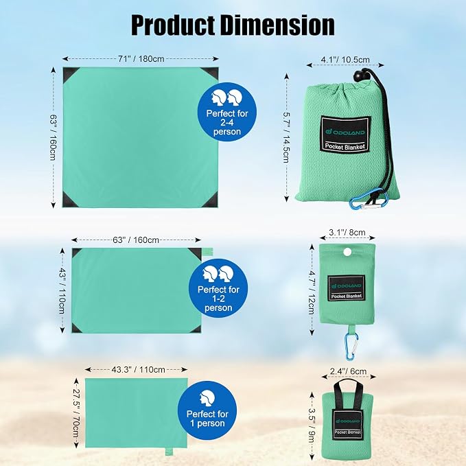 Odoland Sandproof Beach Blanket, Waterproof Portable Mat with Carry Pouch | 43.3“x27.5” Quick Drying & Foldable Lightweight Sand Free Beach Mat Tarp for Hiking, Camping, Travel, Light Green - Image 2