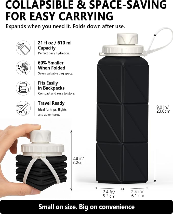 BEAUTAIL Collapsible Water Bottles 21oz/610mL, Silicone Travel Water Bottle | BPA Free, Leakproof & Reusable, Foldable Water Bottle for Traveling, Hiking, School, Sports, Outdoor, 2-Pack, Black+DarkBlue - Image 2