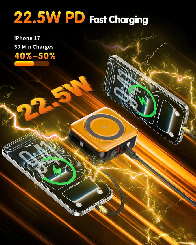 10000mAh for Magsafe Portable Charger Built-in Cables & AC Wall Plug,Orange | 6-in-1,PD 22.5W USB C Fast Charging,15W Magnetic Wireless Charging,Charge 5 devices at once,LED Display Travel Power Bank - Image 6
