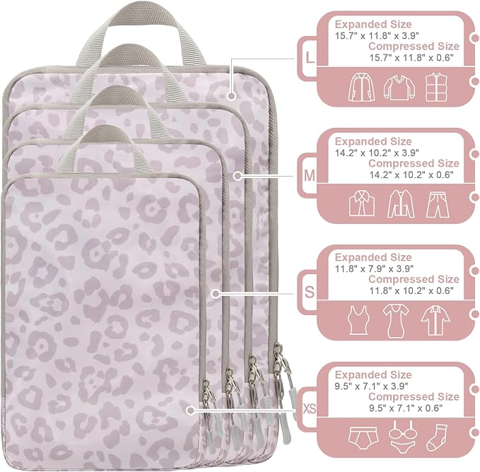 WOOMADA Compression Packing Cubes for Suitcases Travel Essentials 4 Set Expandable Travel Bags Organizer for Luggage(pink leopard) - Image 3