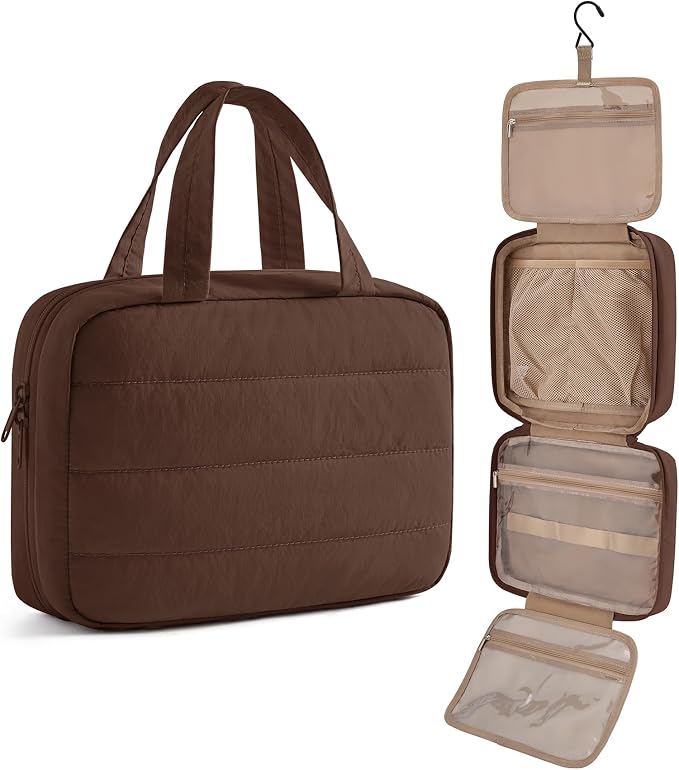 Travel Toiletry Bag - Hanging Makeup Organizer for Women & Men | Portable Hanging Organizer for Travel-Sized Shampoo, Full-Sized Toiletries, Brushes Set, Makeup Accessories, Coffee Brown by LIGHTFLIGHT