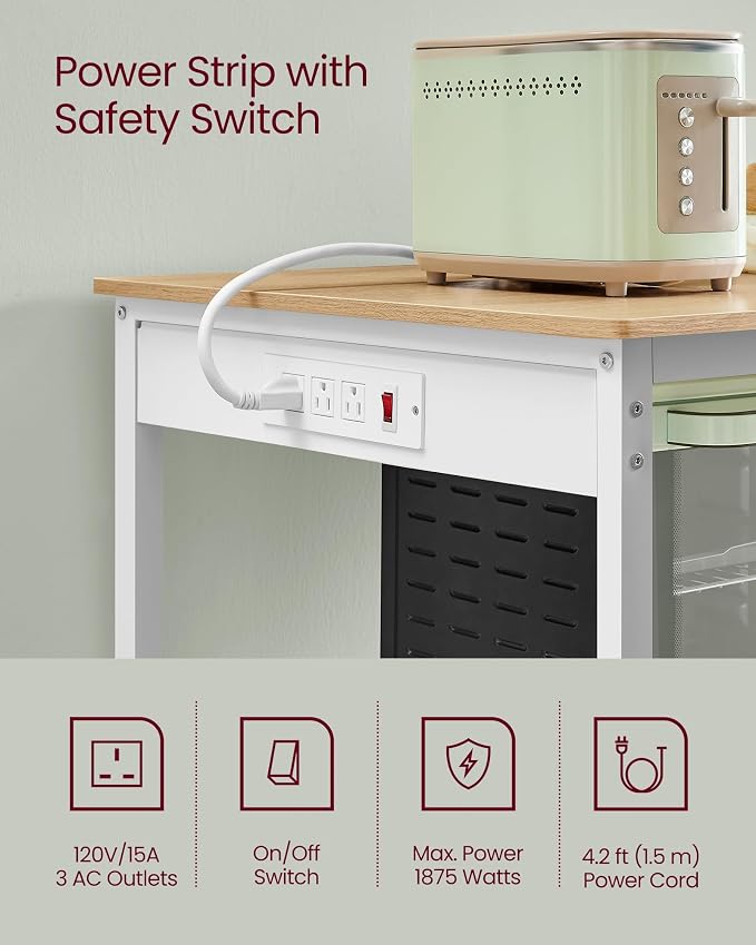 VASAGLE Kitchen Island with 3 Shelves, Kitchen Shelf with Power Strip, 23.6 x 47.2 x 34.9 Inches, Large Worktop, Steel Structure, Industrial, Easy to Assemble, Oak Color and White UKKI101Y01 - Image 5
