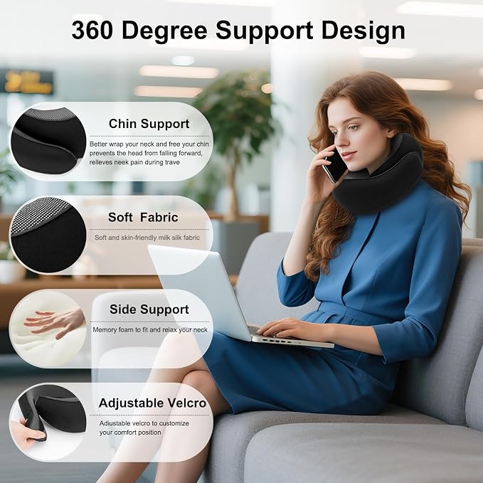 Travel Neck Pillow for Airplane - 100% Memory Foam 360° Ergonomic Support - Adjustable Velcro, Washable Velvet Cover & Compact Storage Case - Flight Essentials for Sleeping (Black) - Image 7