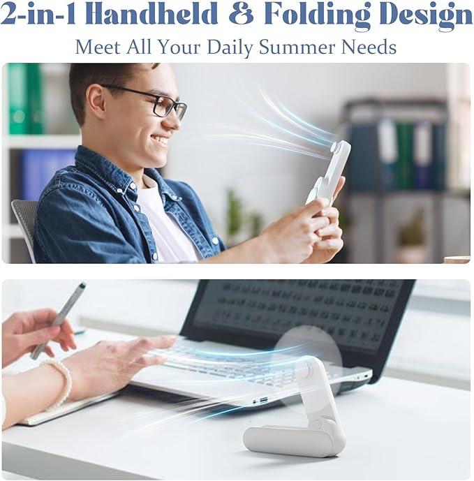 Portable Handheld Fan, 2 IN 1 Mini Hand Fan, Battery Operated [8-15 Working Hours], USB Rechargeable Personal Foldable Fan for Indoor, Small Pocket Fans Travel Essentials for Outdoor (White) - Image 2
