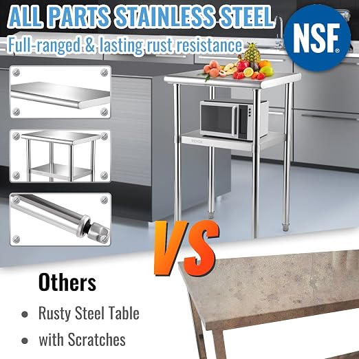 VEVOR Stainless Steel Prep Table, 24 x 18 x 36 Inch, 600lbs Load Capacity Heavy Duty Metal Worktable with Adjustable Undershelf & Feet, Commercial Workstation for Kitchen Restaurant Garage Backyard - Image 5