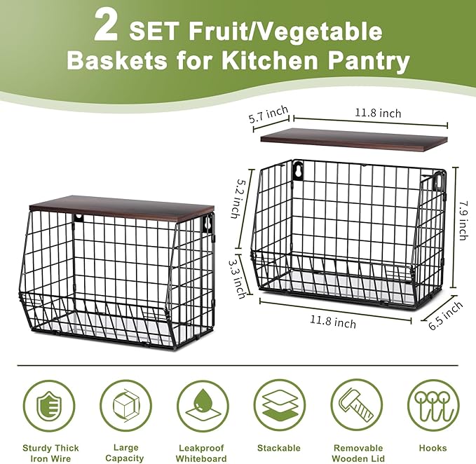 Wawocs Fruit Basket for Kitchen Counter 2 Tier Fruit Bowl, Stackable Wall Mounted Hanging Fruit Basket Wire Baskets with Wood Lid with 4 Banana Hanger Hooks, Onion Basket, Fruit and Vegetable Storage - Image 8