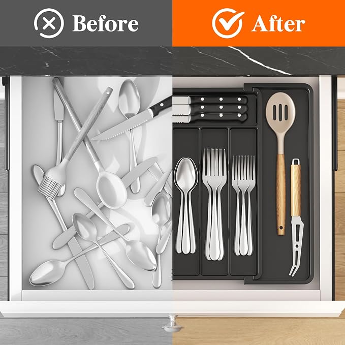 Lifewit Expandable Silverware Drawer Organizer, Kitchen Utensil Tray | BPA-free Plastic Flatware Cutlery Holder, Space-Saving Storage for Spoons Forks Knives, 11-18 x 14 x 1.5“, Black - Image 6