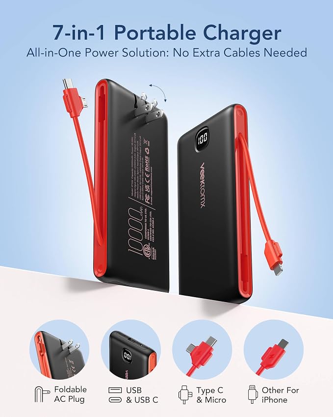 VEEKTOMX Portable Charger with Built-in Cables and AC Wall Plug, 10000mAh | Pocket-Size Travel Power Bank with USB-C and Micro-USB Cables for up to 4 Devices Including iPhone, iPad, Samsung, Black Red - Image 3