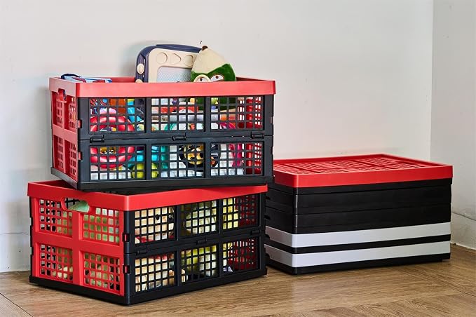 Aebeky 3-Pack Plastic Collapsible Storage Crates-30L,Foldable Plastic Crates for Storage (Black+Red) - Image 7