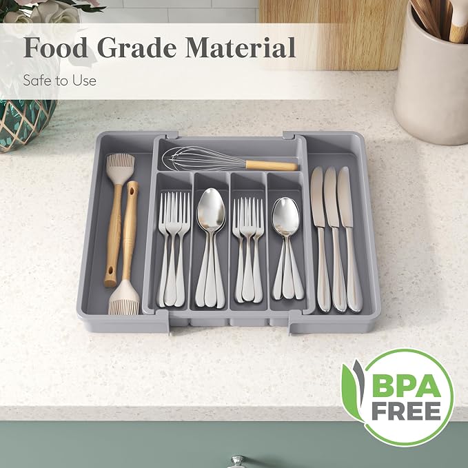 Lifewit Expandable Silverware Drawer Organizer, Kitchen Utensil Tray | BPA-free Plastic Flatware Cutlery Holder, Space-Saving Storage for Spoons Forks Knives, 8.5-14 x 12 x 1.5“, Gray - Image 6